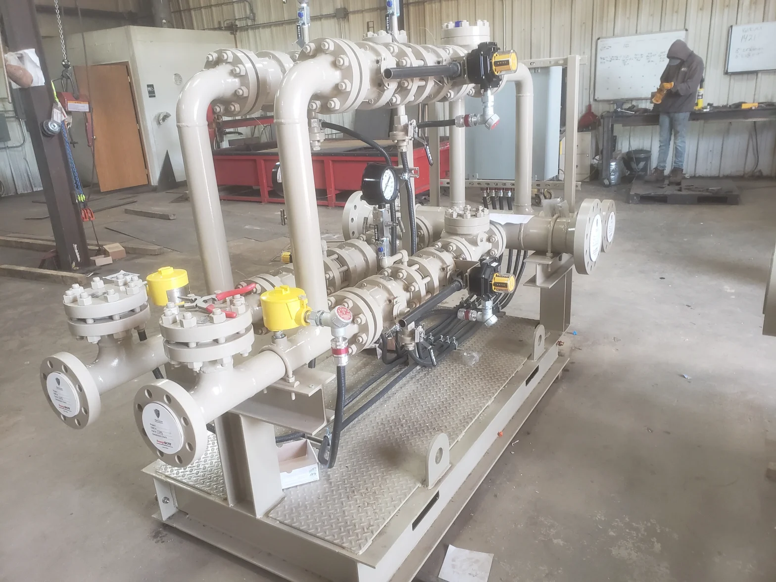 A high-quality metal vessel undergoing inspection at a fabrication facility, highlighting Red River’s expertise in pressure vessel manufacturing