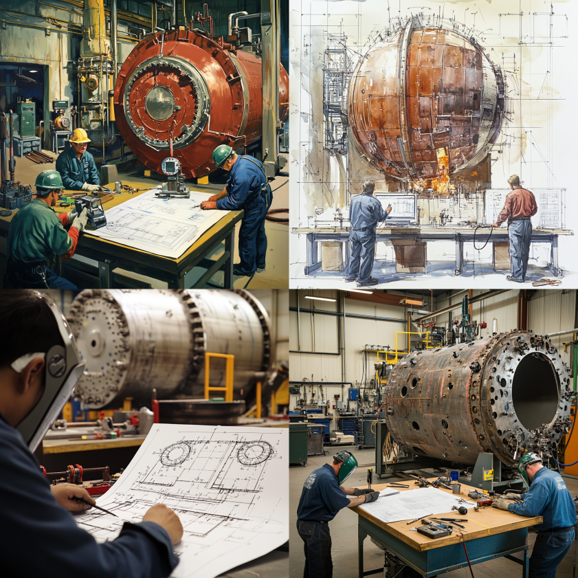 Engineers reviewing ASME pressure vessel designs and weld quality in a high-compliance fabrication shop