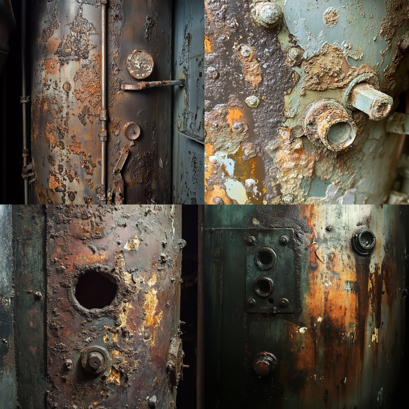 Visual diagram of a compressed air tank showing moisture buildup at the bottom and labeled safety features like pressure relief valves and gauges.