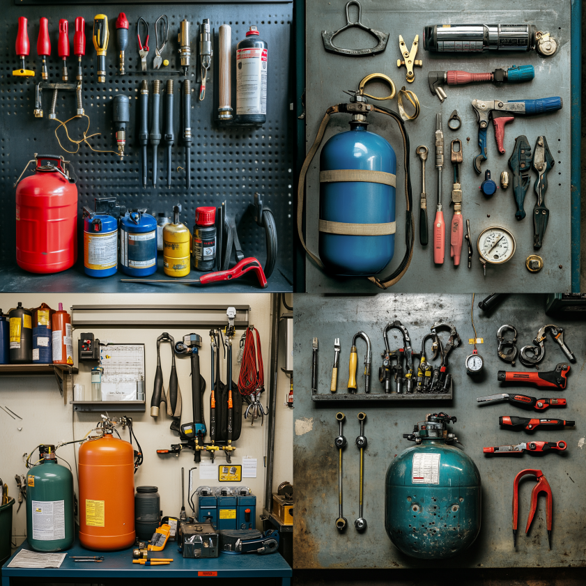 Tools and safety checklist for draining an air receiver tank—adjustable wrench, gloves, drain pan, flashlight, and a list of shutdown and depressurization steps.