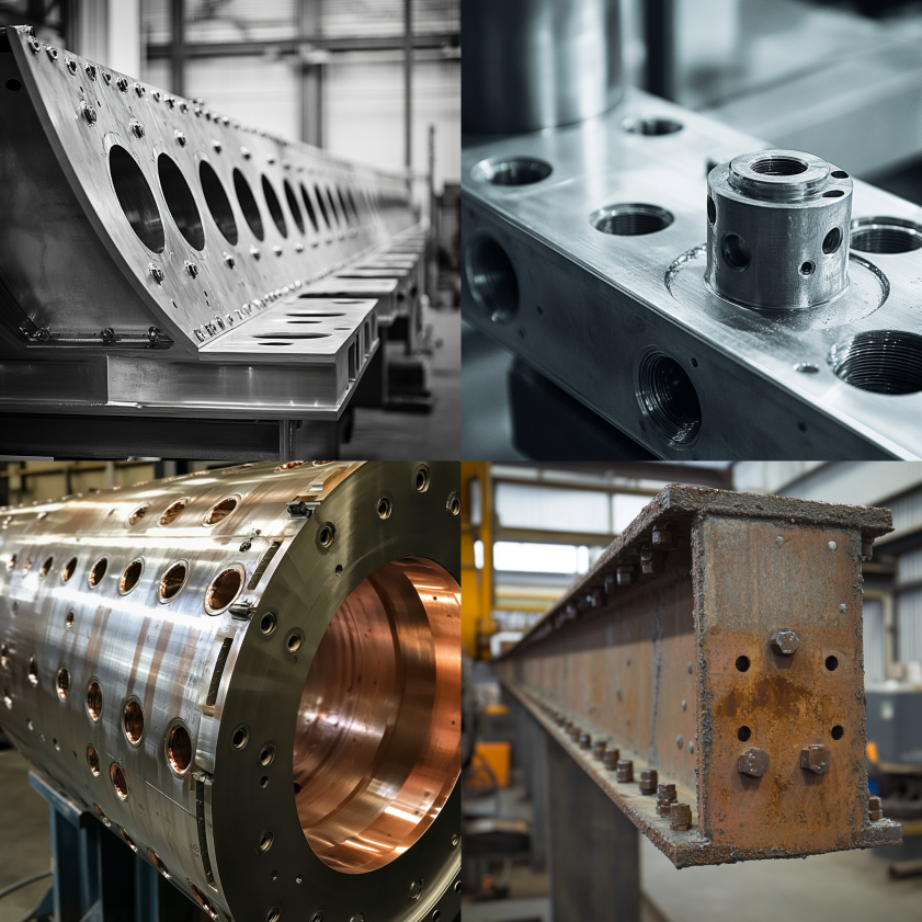 Close-up shots of large industrial metal components, including machined parts, bolts, and structural beams.