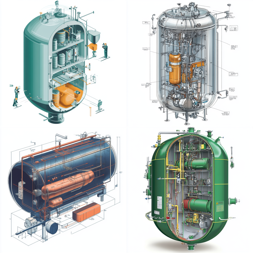 Cross-section of an air receiver tank labeled with air inlet, pressure gauge, moisture drain, and internal air storage zone.