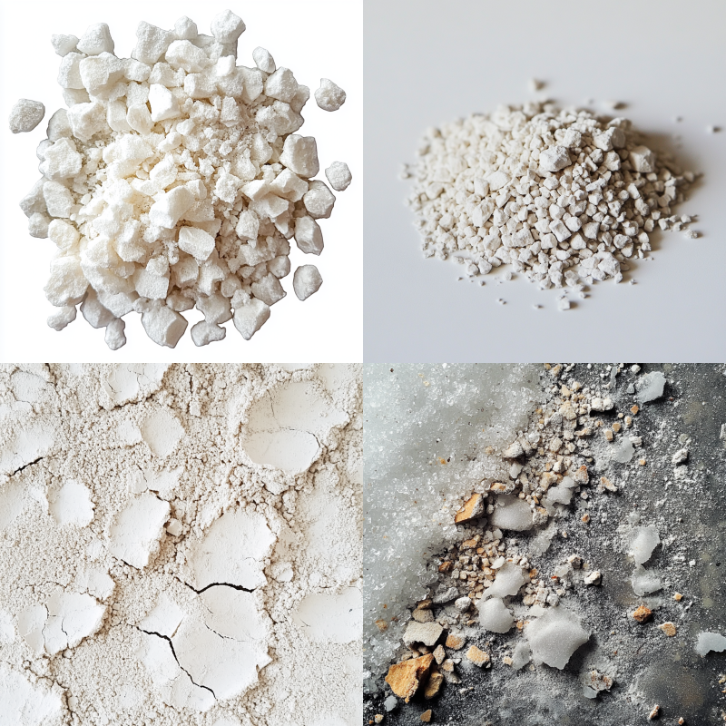 Four close-up images showing white granular, powdery, and crystalline salt-like materials in various textures and forms.