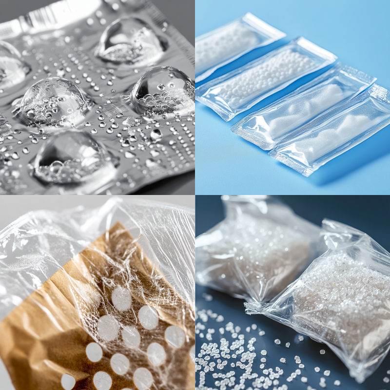 Damaged desiccant packaging with punctures and tears, affecting its moisture-absorbing capabilities.