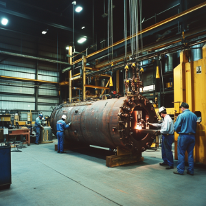 Sequential stages of pressure vessel fabrication from design to testing
