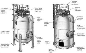 Industrial pressure vessel next to a standard water tank.