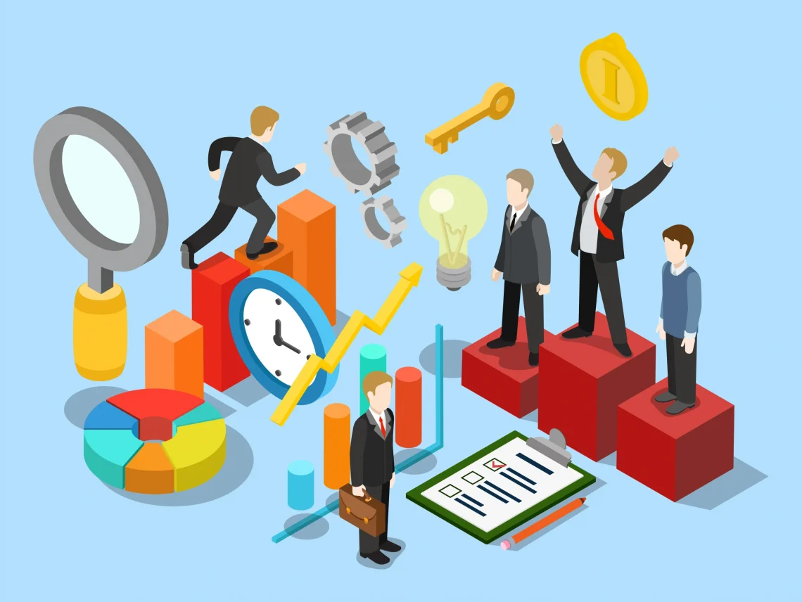 Flat 3d isometric business success movement concept web infographics vector illustration. Winner pedestal runner graphic checklist businessman research magnifier clock. Creative people collection.