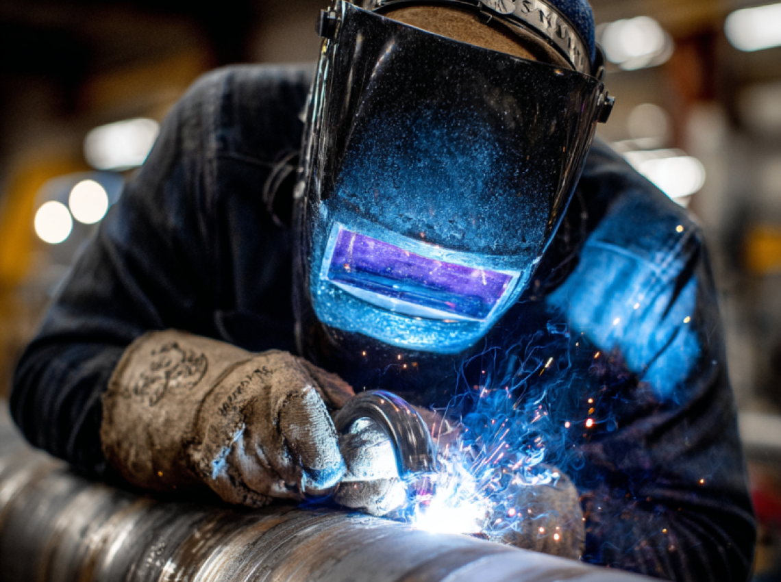 Welder demonstrating 5g welding position on a fixed horizontal pipe