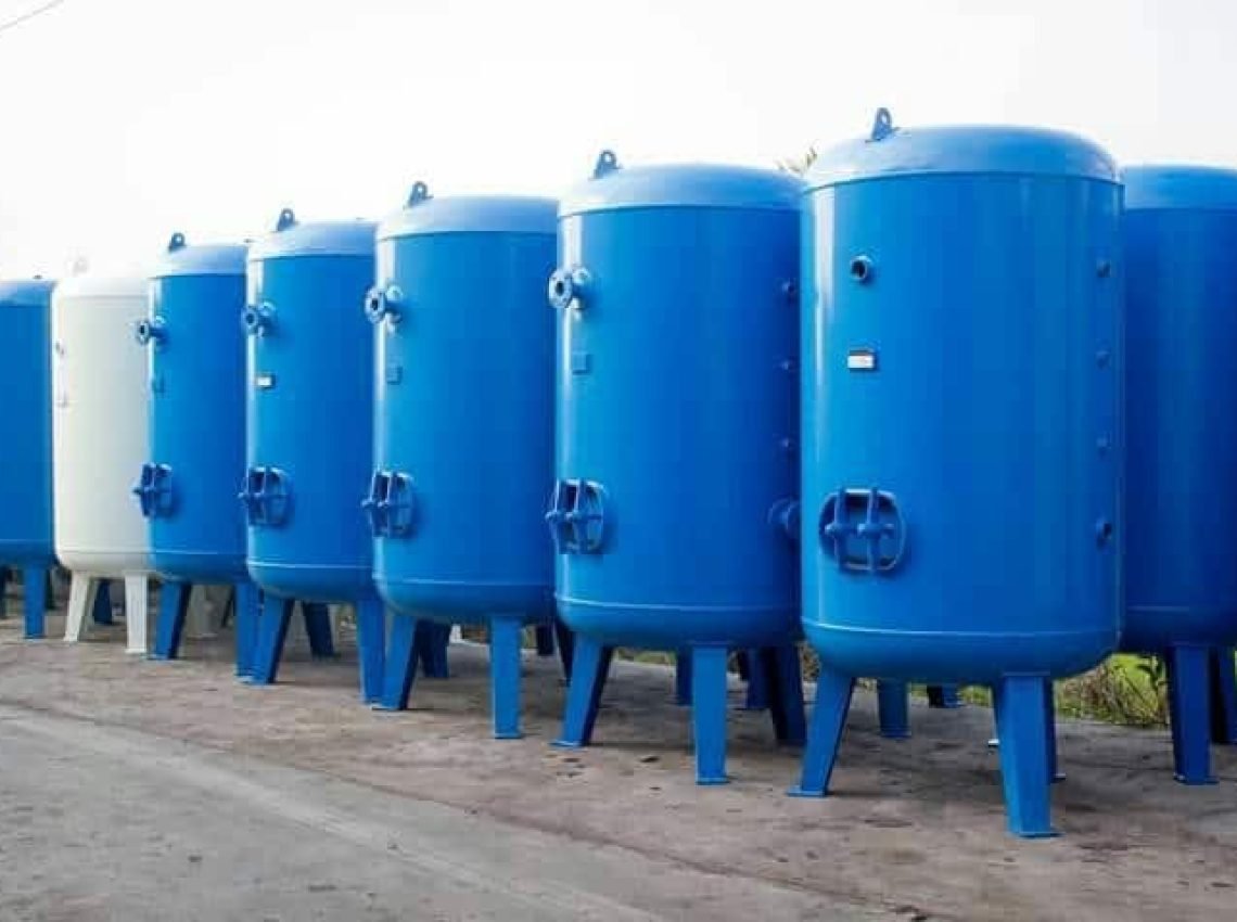 a row of blue and white tank