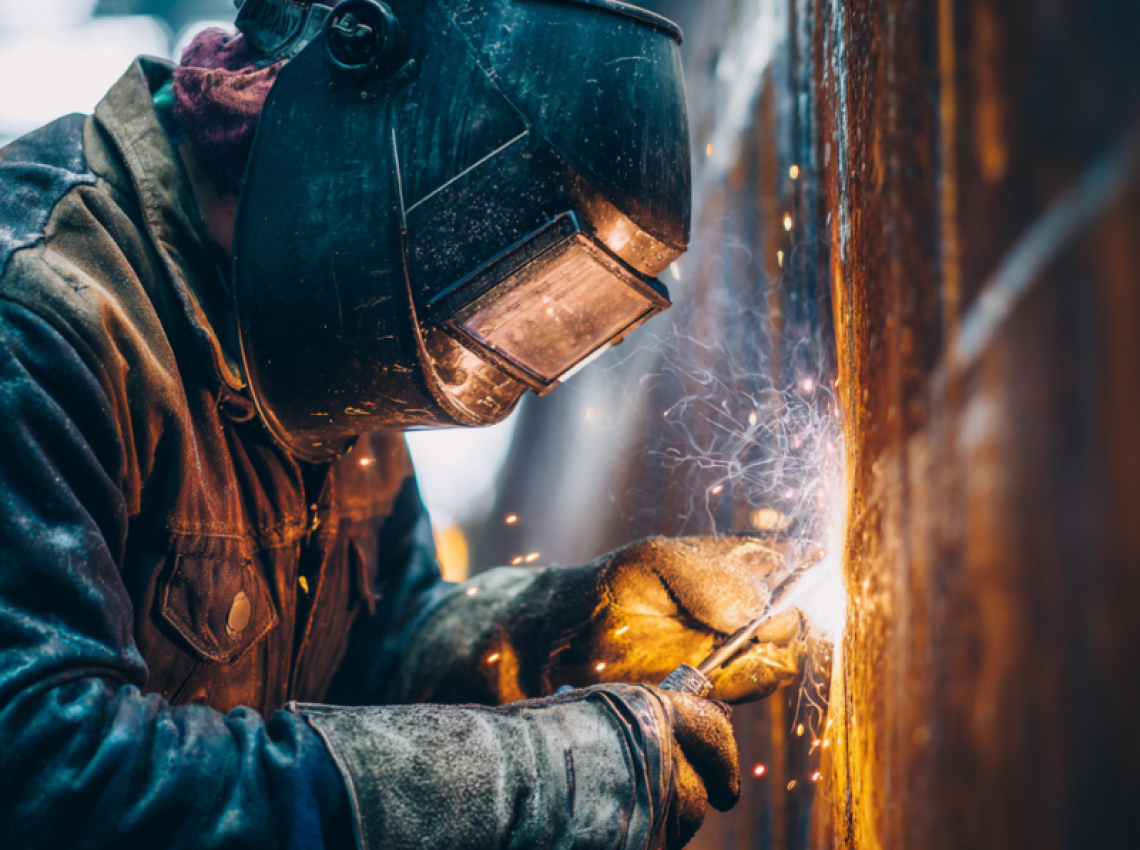 Welder demonstrating how to do 3G welding position on vertical plate