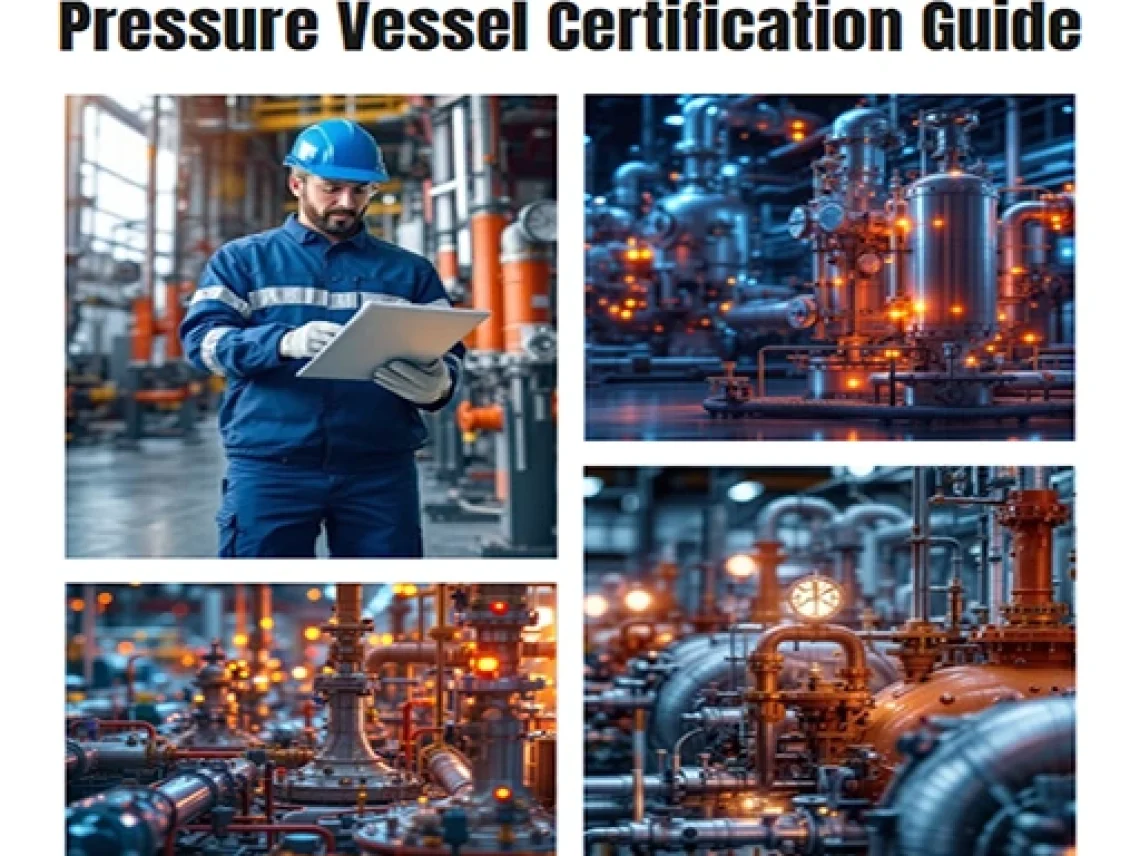 Man in blue safety gear and helmet holding a clipboard in a pressure vessel facility with detailed images of industrial pressure vessels, pipes, valves, and gauges glowing with orange lights.