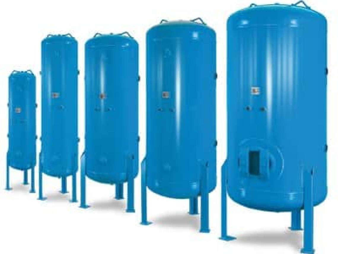 a row of blue tanks